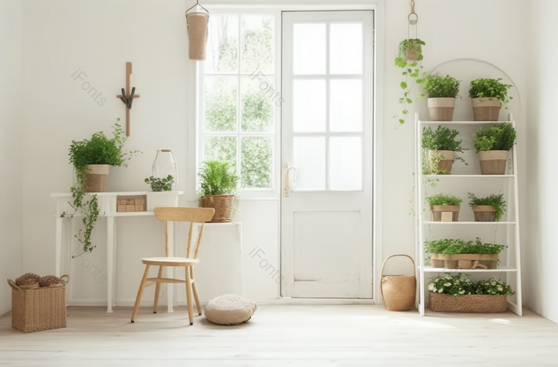 白色的室内装饰绿色植物盆栽花架木质桌椅,高清,摄影图,摄影图片,图片大全,摄影图免费下载